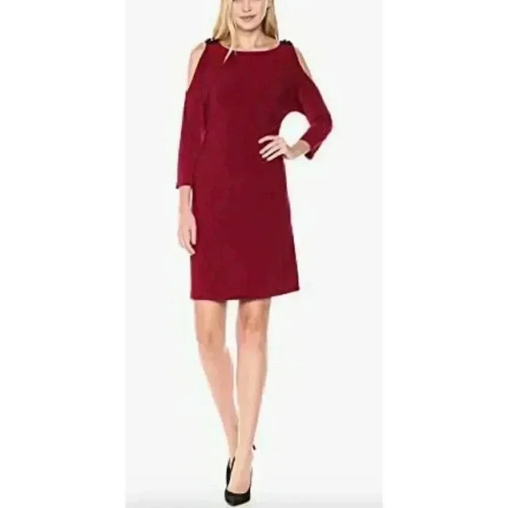 NINE WEST Women's A-line Jersey Dress with Beaded Shoulder Cutouts, Bordeaux, 14